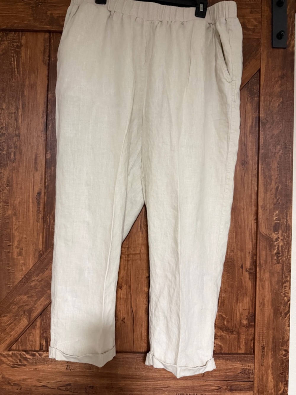 For Cynthia Women 100% Linen Cuffed Pants w/ Pockets Beige 1X
